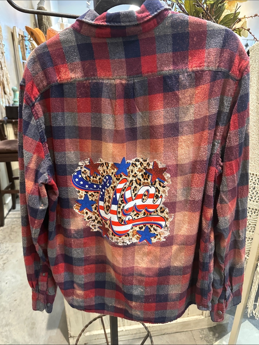 Men's Red & Blue Plaid Flannel Shirt with Patriotic 'USA' Back Graphic